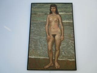 Large Mid Century Nude Beach Coastal Woman Female Model Painting American Mod
