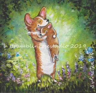 Welsh Pembroke Corgi Painting Dog Puppy Mother Child Garden Art Gift