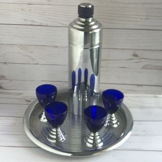 Chase " Doric " Blue Moon Cocktail Shaker 4 Cobalt Blue Glasses & Tray Art Deco