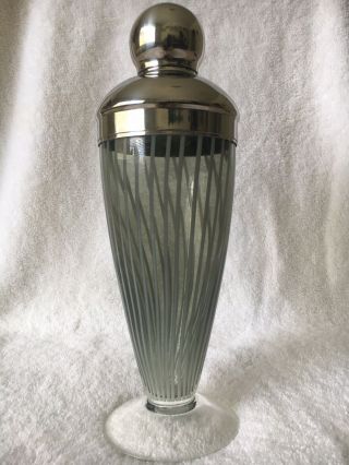 Vintage Art Deco Footed Cocktail Shaker Hand Blown Light Blue Stripe Rare
