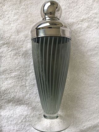 Vintage Art Deco Footed Cocktail Shaker Hand Blown Light Blue Stripe Rare 7