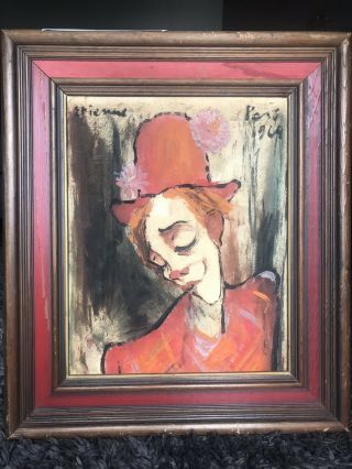 Authentic - Art Clown Signed Roger Etienne 1964 French Painting