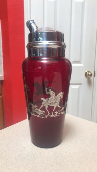 Art Deco Ruby Red Cocktail Shaker W/hunt Scene In Sterling Silver Inlay