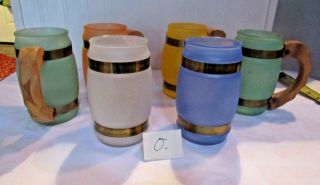 Vintage 6 Siesta Ware Frosted Tropical Barrel Mugs Wood Handles (o)