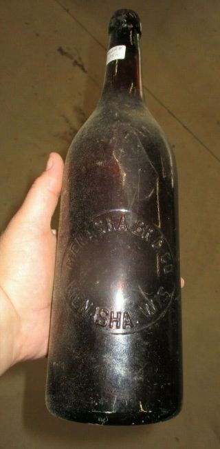 Antique Vintage Rare Slug Menasha Wi Brewing Beer Bottle Applied Top Amber Quart