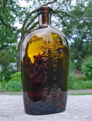 Western,  Circa 1870 " Wormser Bros / San Francisco " Whiskey Flask.  Olive
