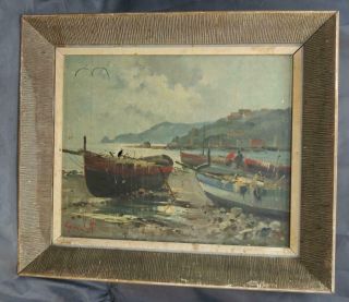 Old Vintage Oil Painting Nautical Coastal Landscape Boats Ships Mcm Art European