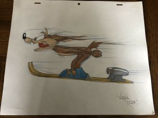 Virgil Ross Sketch - Wile E Coyote Flying On Skis.  Signed 12.  5x10.  5”