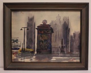 1950s Lucian Lupinski Watercolor Chicago Abstract Cityscape Signed