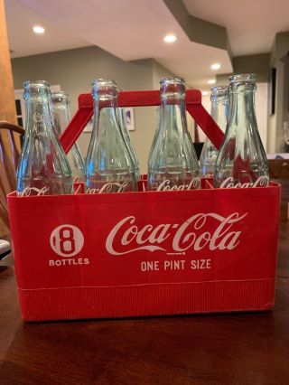 Vintage Red Plastic Coca Cola Crate W/ 8 Pint Glass Coke Bottles