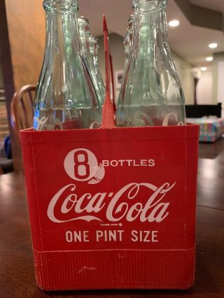 VINTAGE RED Plastic COCA COLA Crate w/ 8 Pint Glass Coke Bottles 3