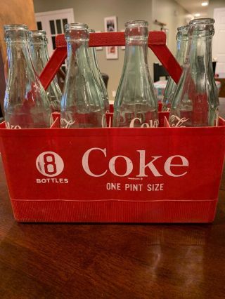 VINTAGE RED Plastic COCA COLA Crate w/ 8 Pint Glass Coke Bottles 4
