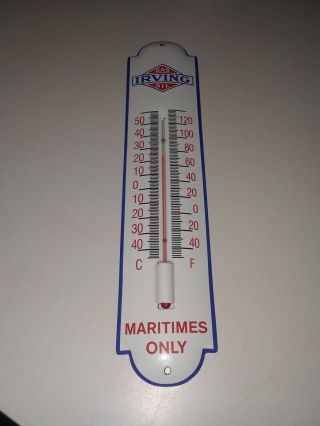 Vintage Irving Gasoline Motor Oil Maritimes Porcelain Thermometer Sign Gas Oil