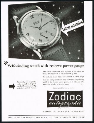 1950 Vintage Zodiac Autographic Power Gauge Swiss Watch Mid Century Art Print Ad