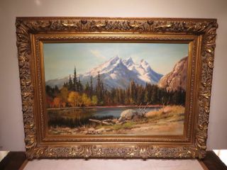 24x36 1950s Oil Painting On Canvas By Robert Wood " Mountain Lake "