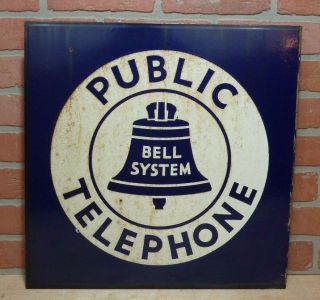 Orig Old Porcelain Bell System Public Telephone Sign Double Sided Flange 18x18