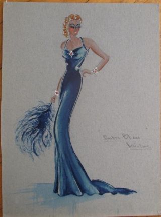 Fashion Hand - Painted 1937 Artwork: Woman In A Blue Dress & Feather