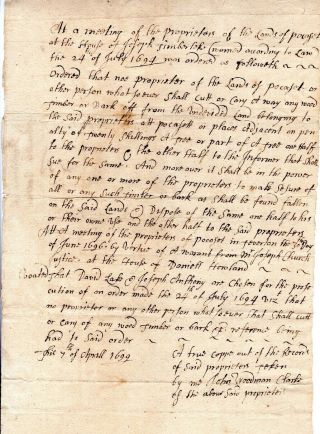 1699,  Pocasset,  Rhode Island,  Proprietor John Woodman Signed Re: Timber Rights