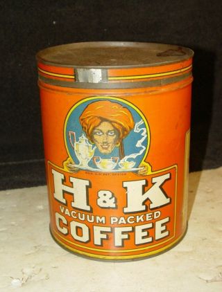 Estate Vintage Antique Advertising H & K Coffee Tin W/ Sultan Turban Litho 7.  5 " T