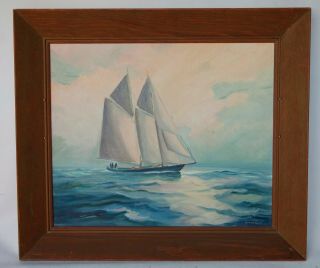 Sailing Boat On The Ocean Oil On Board Painting Signed " Kathryn L Curran "