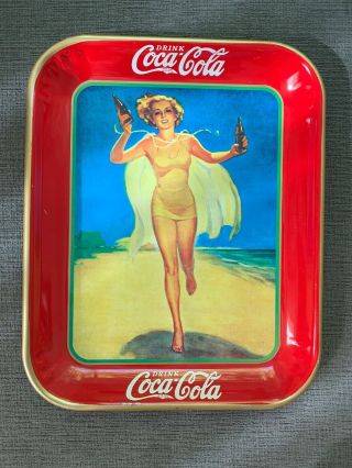 Antique 1937 Coca - Cola Lithographed Pinup Girl Serving Tray American Art