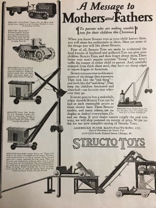 1926 American Flyer Structo Toys Print Ad Tractor Steam Shovel Tank Trucks