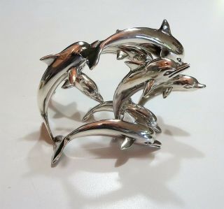 Pair Sterling Silver 950 / 925 Pod Of Eight Dolphins Sculpture Figurine