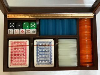 Italian Poker Cards Chips Plaques And Dice In A Wooden Box Case Made In Italy