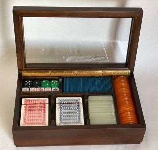 Italian Poker Cards Chips Plaques and Dice in a Wooden Box Case Made in Italy 2