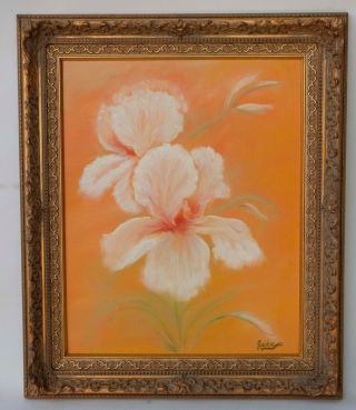 Vintage Mid Century Art Oil Painting Floral Orchid / Iris 25 " X 21 " Signed