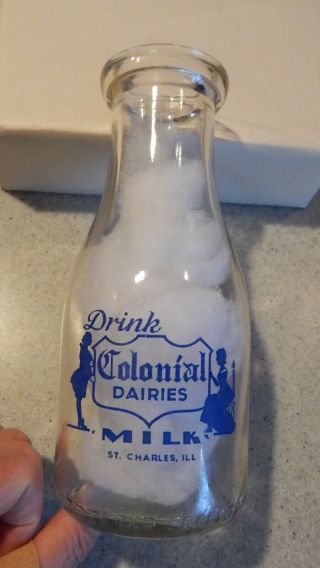 Colonial Dairy St.  Charles,  Ill Il Illinois Pyroglazed Pint Milk Bottle