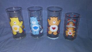 3 Vintage Pizza Hut Care Bears Glass And 1 American Greetings Corp (4 Total)