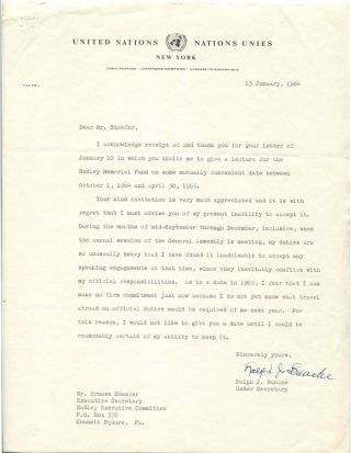1964 Ralph Bunche Typed Letter Signed