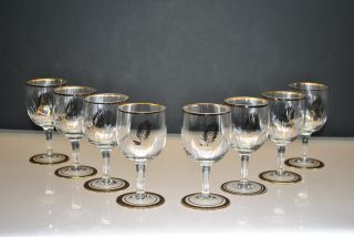 Vintage Set Of (8) Crystal Cordial Glasses With Gold Leaf & Cut Crystal Grass