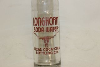Longhorn Soda Water Soda Bottle,  Texas Coca Cola Bottling Co.  1936