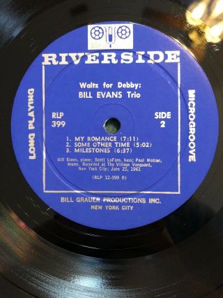 BILL EVANS WALTZ FOR DEBBY LP RIVERSIDE RECORDS RLP - 399 MONO DG Orig.  ‘61 3