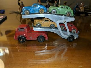 Barclay Vintage Auto Transporter Complete W 4 Brightly Colored Tranport Vehicles