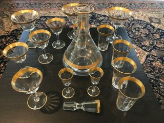 Vintage Gold Rim 15 Piece Crystal Decanter Stemware Wine Shot Cordial Glasses