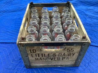 VINTAGE Little Dairy,  Hanover,  PA 20 milk bottles & wooden crate w metal corners 6