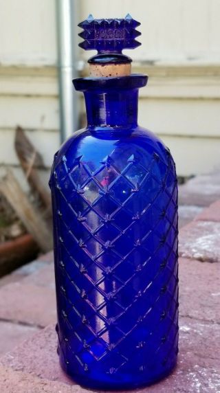 Fine Antique Cobalt Blue Poison Bottle,  Diamond Lattice With Stopper,  5 3/4 "