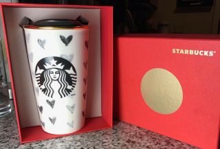Starbucks Black Hearts Heart 12 Oz Ceramic Tumbler Mug With Lid 2014 Boxed