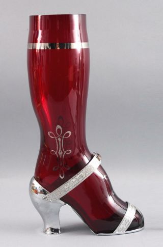 Antique Art Deco Lady ' s Leg High Heel Cranberry Glass Cocktail Shaker,  NR 2