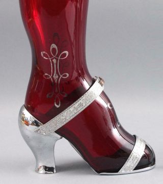 Antique Art Deco Lady ' s Leg High Heel Cranberry Glass Cocktail Shaker,  NR 3