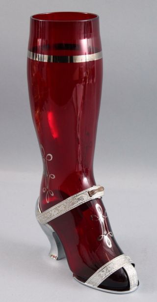Antique Art Deco Lady ' s Leg High Heel Cranberry Glass Cocktail Shaker,  NR 4