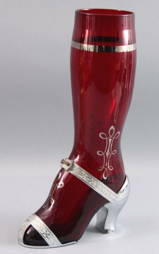 Antique Art Deco Lady ' s Leg High Heel Cranberry Glass Cocktail Shaker,  NR 5