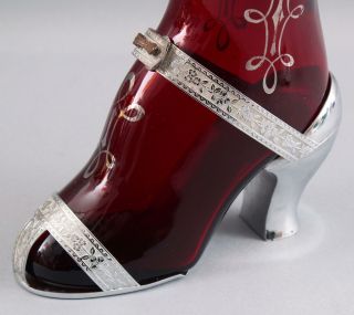 Antique Art Deco Lady ' s Leg High Heel Cranberry Glass Cocktail Shaker,  NR 6