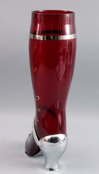 Antique Art Deco Lady ' s Leg High Heel Cranberry Glass Cocktail Shaker,  NR 7