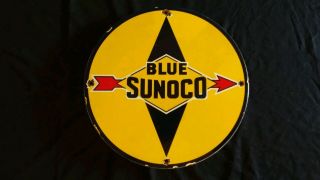 Vintage Blue Sunoco Gasoline / Motor Oil Porcelain Gas Pump Sign