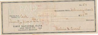 Melvin Purvis - Signed Bank Check From 1943