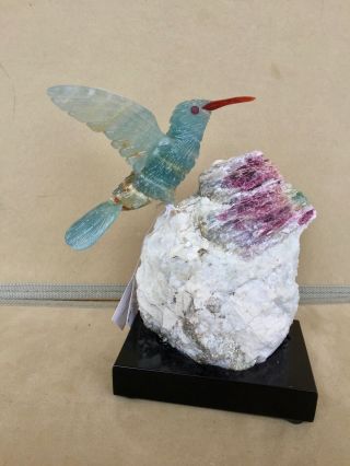 Blue Calcite Hummingbird on Tourmaline 6 1/4 